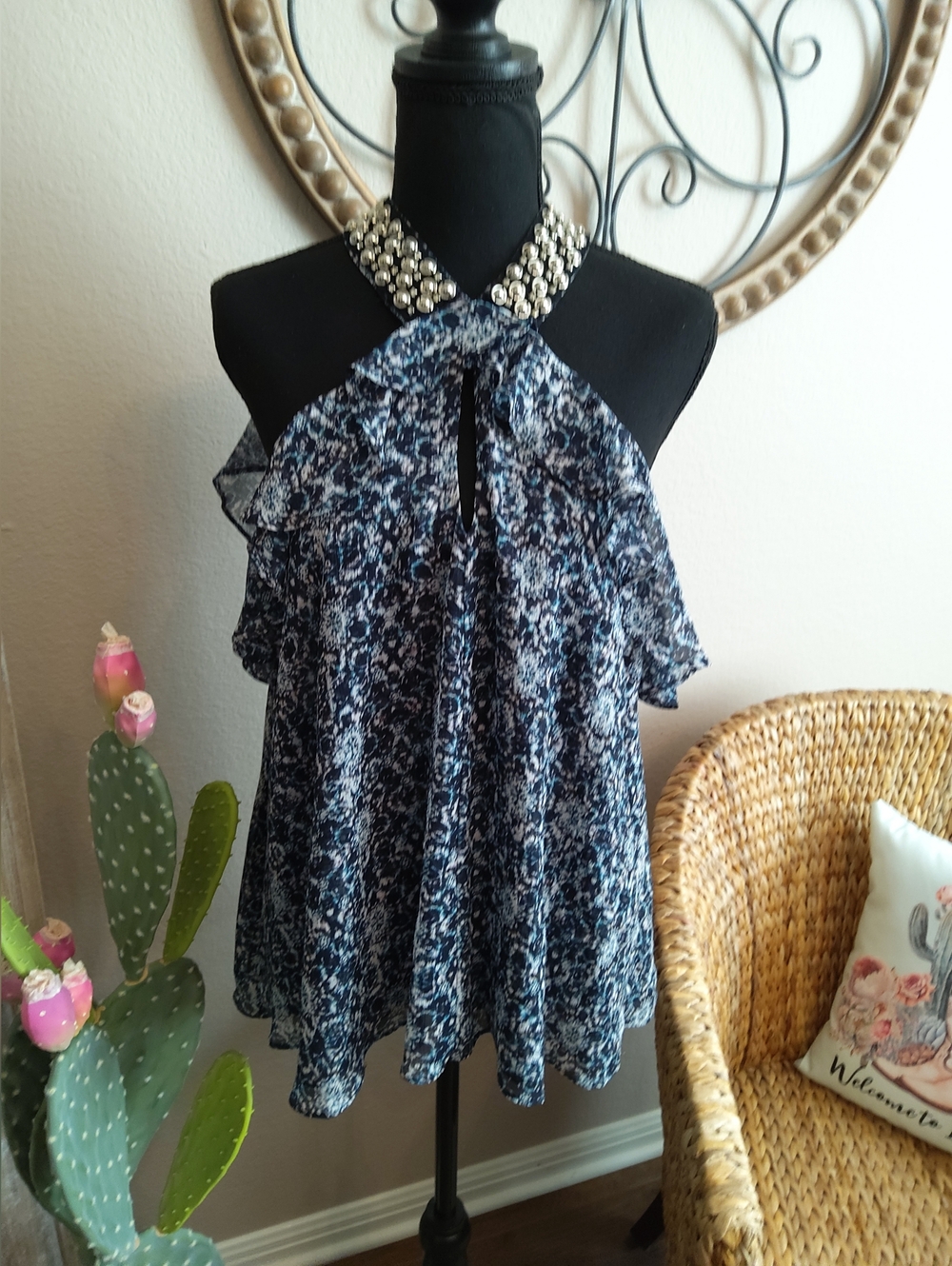 Jennifer Lopez Navy Floral Embellished Halter Camisole